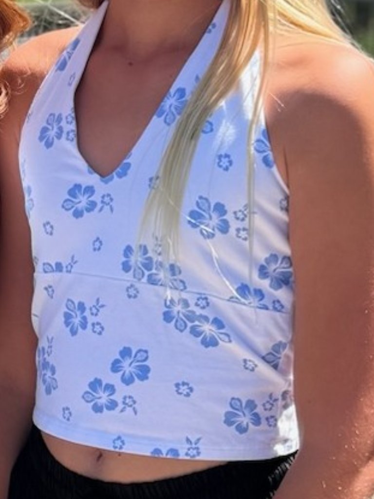 Women's Size Medium Hollister Floral White Blue Flower Halter Top, Like New